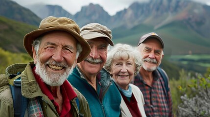 Group of joyful senior hikers exploring mountainous landscapes. Active retirees enjoying an adventurous outing in nature. Elderly friends sharing smiles on a scenic mountain trail. - obrazy, fototapety, plakaty