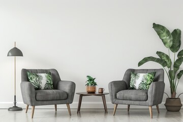 Cozy living room interior with tropical themed decoration and modern furniture. Stylish armchairs with leaf-patterned pillows in a minimalist design setting. Trendy home decor with green plants