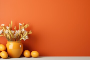 orange pastel background. colored eggs. Vase with Flowers. Spring time. Postcard