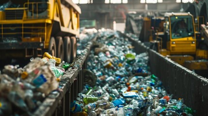 Recycling facility machinery efficiently sorting through mountains of mixed materials. Sustainable waste management in action at a large recycling plant.