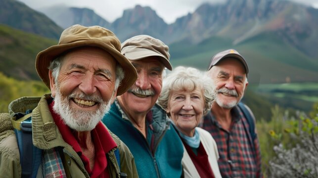 Group of joyful senior hikers exploring mountainous landscapes. Active retirees enjoying an adventurous outing in nature. Elderly friends sharing smiles on a scenic mountain trail.