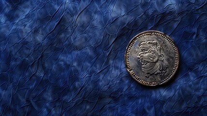 Vintage coin with intricate design resting on blue crumpled texture