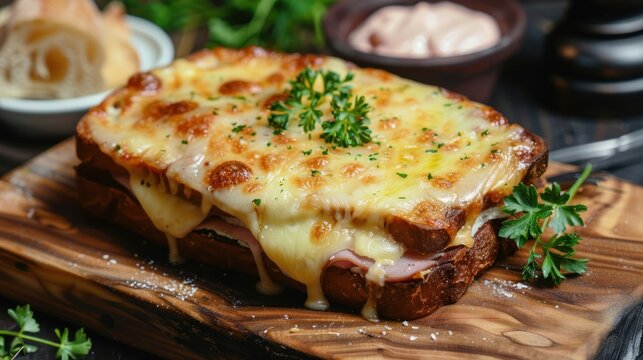 Closeup delicious croque monsieur sandwich Bread dinner meal tasty meat on wooden board.AI generated