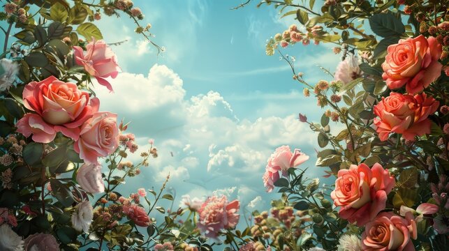 Illustration Of Portrait Oriented Blank Frame Nestled Among A Lush Arrangement Of Roses And Other Flowers With A Soft Blue Backdrop