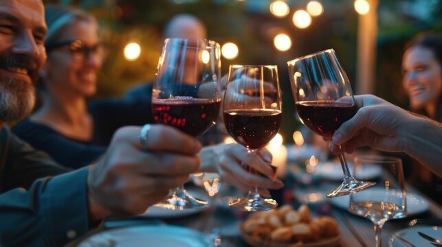 Closeup of group of people toasting with wine glasses at restaurant for dinner. AI generated image