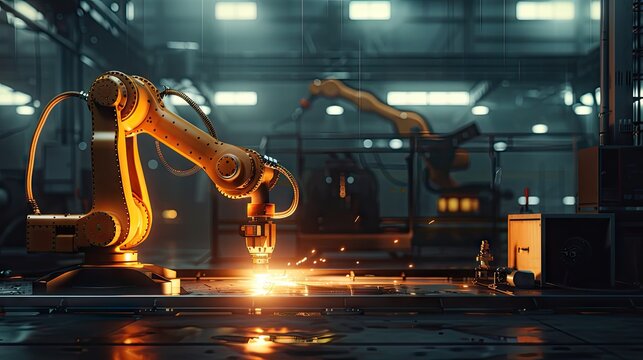 Illustration Of Robotic Arm Welding With Glowing Light In Empty Dark Room In Industrial Building Of Factory