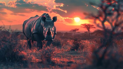 Animal wildlife photography rhino with natural background in the sunset view, AI generated image - obrazy, fototapety, plakaty
