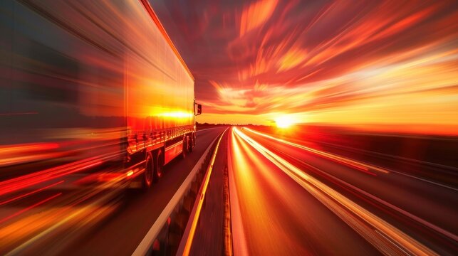 Heavy truck cargo fast speeding blurred motion on the way at sunset view scene. AI generated image
