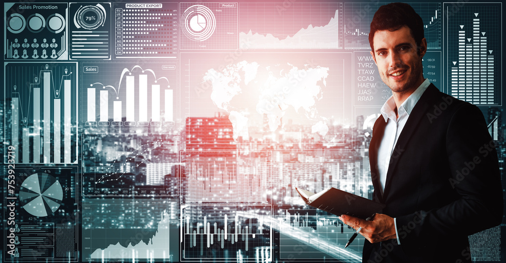 Poster data analysis for business and finance concept. interface showing future computer technology of prof
