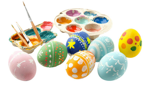 Elegant Easter Egg Painting Supplies Isolated on Transparent Background PNG.
