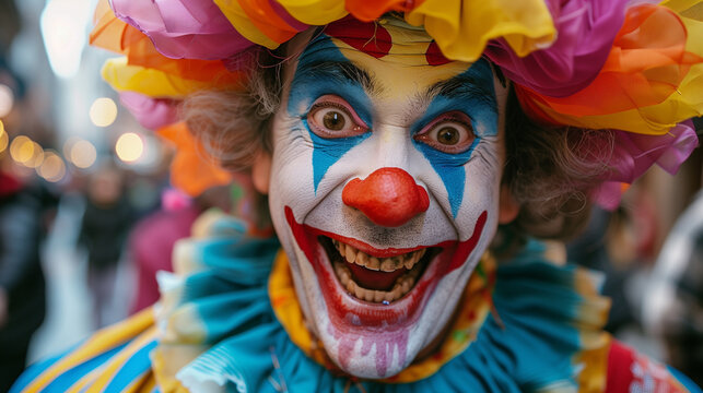 Playful clown in colorful makeup and attire and wig.