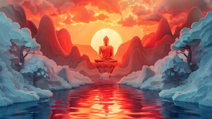 Buddha Statue in Tranquil Desert and Mountain Settings, To convey a sense of tranquility and spirituality through depictions of a Buddha statue in - obrazy, fototapety, plakaty