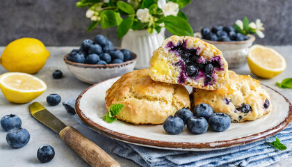 Blueberry scones with a lemon sugar glaze on a British breakfast table. - 753923997