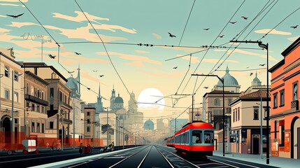 Milan, Italy. Graphic concept of Milan cityscape at sunrise. Travel or postcard concept - obrazy, fototapety, plakaty