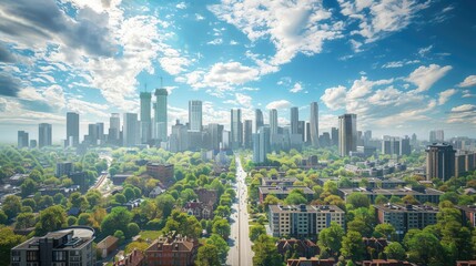 Obraz premium Image Of Cityscape With Skyscrapers And Architecture Of Residential Buildings With Road Green Trees In Daylight Against Cloudy Blue Sky