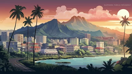 Foto op Canvas Beautiful aerial view of tropical island, nature scene of Maui with blue ocean water and lush green mountain, scenic landscape. Illustration, Hawaii travel or postcard concept © Alexandra Alexandra