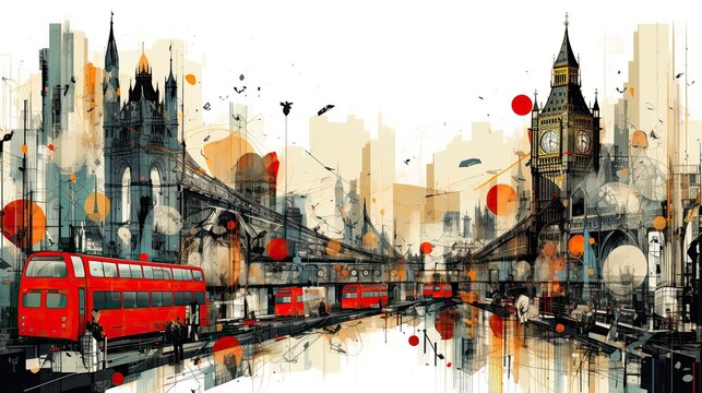 London landscape with Big Ben and red buses, England. Graphic urban concept of London, illustration, UK travel or postcard concept