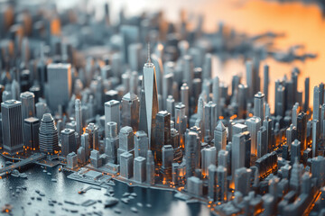 Ciudad 3d con grandes edificios, estilo 
infografía 3d, skyline
