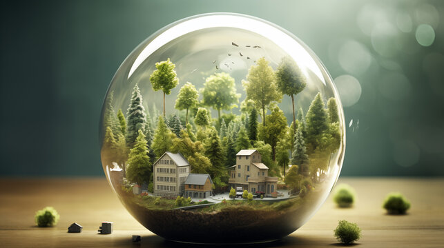Planeta sostenible, concepto de ciudad natural autosuficiente, protegida, naturaleza, &aacute;rboles, pueblo, verde, energ&iacute;a verde, comunidad, futuro, nuevos espacios para habitar, edificios del futuro