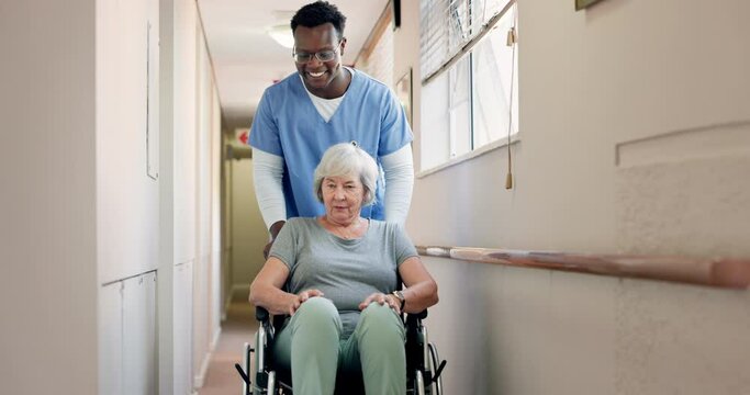 Push, nurse or old woman in wheelchair in hospital for healthcare service, help or support in clinic. Talk, elderly person or patient with a disability or senior care for rehabilitation or wellness