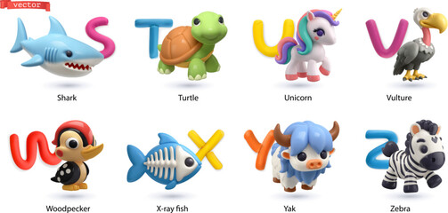 Fototapeta premium Zoo alphabet part 3. Shark, turtle, unicorn, vulture, woodpecker, x-ray fish, yak, zebra. 3d vector icon set
