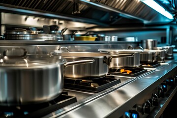 A Row of Pots and Pans Sitting on Top of a Stove - obrazy, fototapety, plakaty