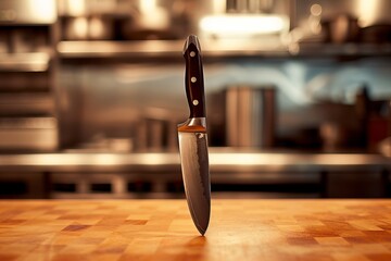 Knife on Wooden Table in Kitchen - obrazy, fototapety, plakaty