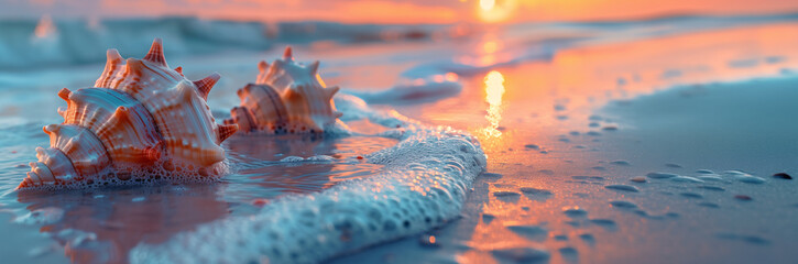 Beautiful seashells on the seashore at sunset