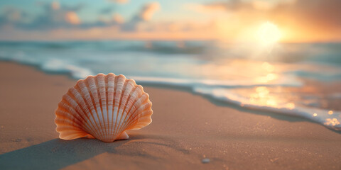 Beautiful seashell on the seashore at sunset, copy space - obrazy, fototapety, plakaty