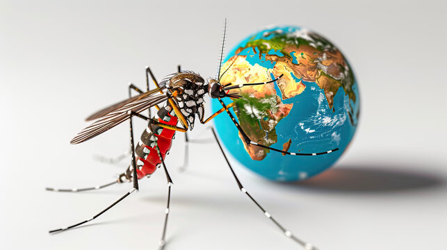 world malaria day , Close up mosquito sucking blood on Earth globe, conceptual image with white background 