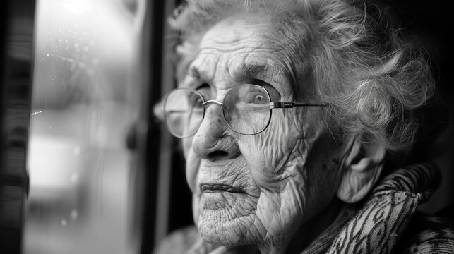 100 year old woman remembering the past, while looking far into the distance.