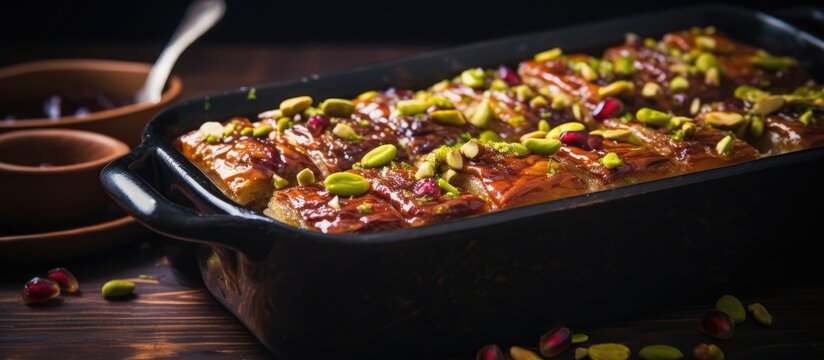 A casserole dish filled with a Middle Eastern-inspired baklava mixture of peanuts and pistachios, creating a festive and flavorful holiday or Ramadan treat.