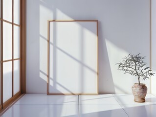 Blank picture frame on the parquet floor with flowers near window