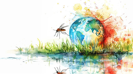 hand drawn illustration of earth globe attacked by mosquito, watercolor banner or card, world malaria day , dengue  - obrazy, fototapety, plakaty