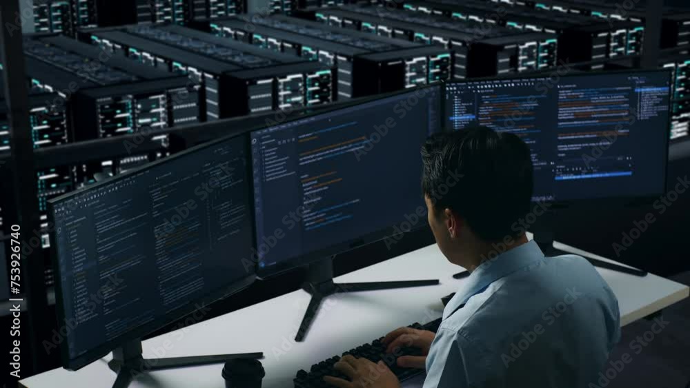 Wall mural side view of asian man developer having backache while write code with multiple computer screens in 