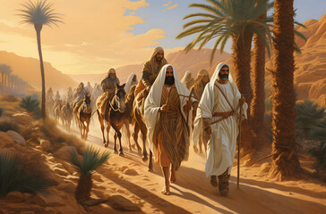 A serene image of Abraham leading his family on a journey of faith and obedience, guided by divine providence Generative AI - obrazy, fototapety, plakaty