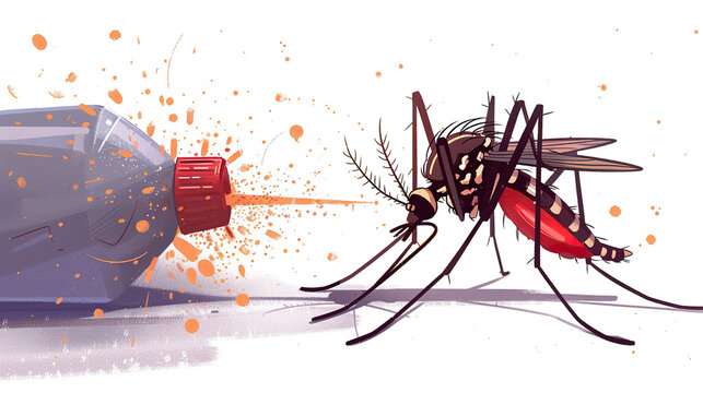 Mosquito with vaccine syringe, isolated on white background, world malaria day, dengue