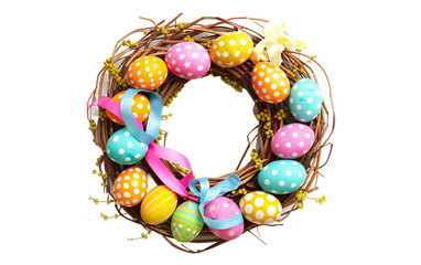 Fototapeta na wymiar Easter Egg Wreath Adorned with Colorful Ribbons Isolated on Transparent Background PNG.