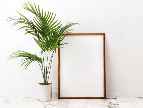 an empty picture frame on the floor, a palm plant is beside it, minimal and modern with a tropical twist