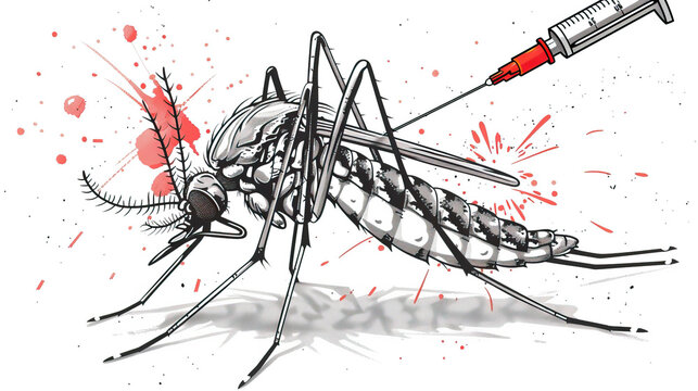 Mosquito with vaccine syringe, isolated on white background, world malaria day, dengue