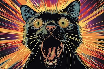 Black Cat With Mouth Open and Yellow Eyes