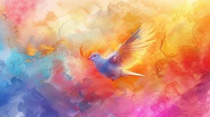 Holy Spirit. Dove On Abstract Colorful Watercolor Background. Digital Art Painting. Illustration
