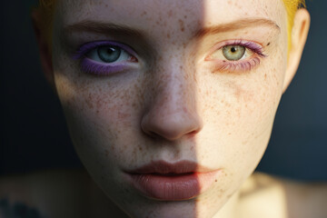 Close-up of a freckled face with vibrant purple eye makeup