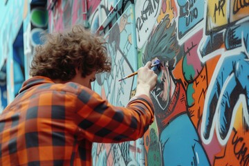 Man Painting Graffiti on Wall