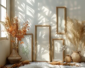 Blank picture frame on the parquet floor with flowers near window