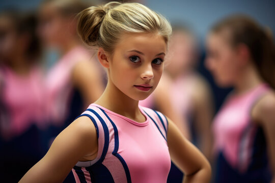 Close-up of a focused young gymnast in a pink leotard with navy accents, preparing for a competition.