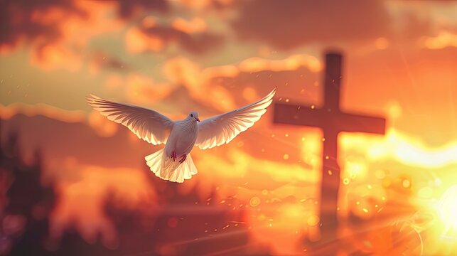 Holy Spirit. Winged Dove Flying In Front Of The Cross At Sunset. Christian Concept