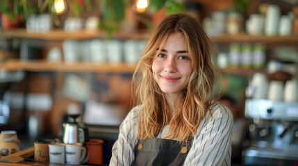 Portrait of a smiling female barista, waitress, or employee in a small bar, cafe or restaurant. Small business concept.