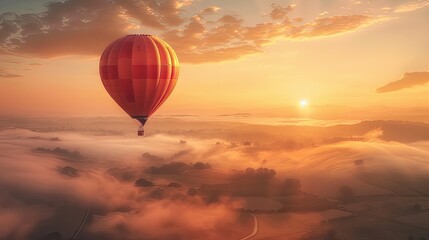 Obraz premium Hot Air Balloon Floats In The Golden Sunrise Sky Above A Mist-Covered Landscape