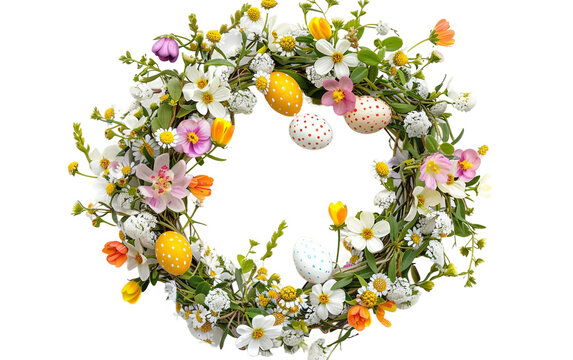 Festive Easter Egg Wreath Sprinkled with Cheerful Spring Blooms Isolated on Transparent Background PNG.